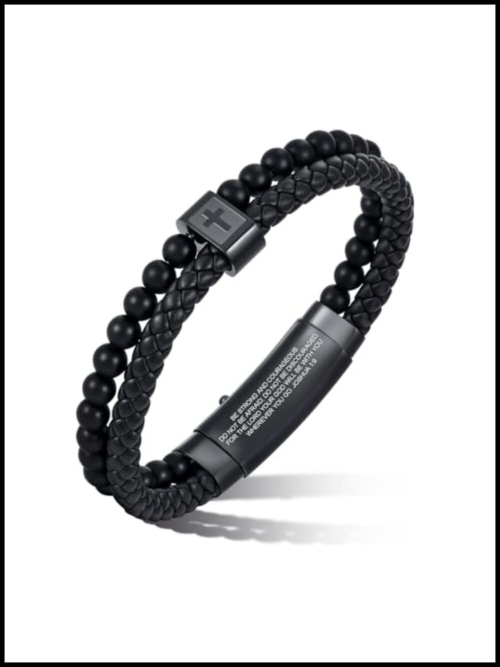 Men's Leather Cross Bracelet Braided Agate Onyx Adjustable Bangle Christian